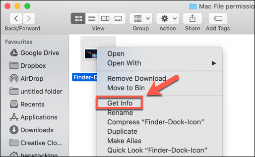 Haga clic derecho en un archivo y presione Obtener información para acceder a los permisos de archivo en macOS