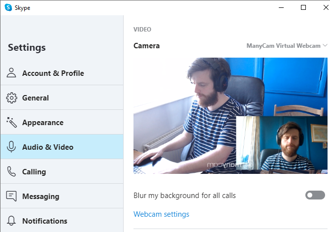 opciones de la cámara de ManyCam Skype