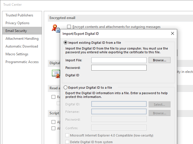 cifrado de certificados de seguridad de importación de Microsoft Outlook