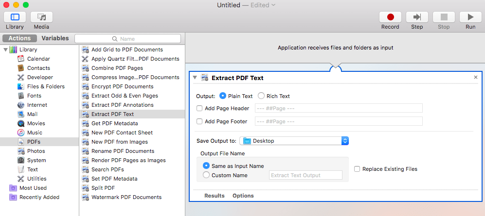 Drag and drop the PDF action into Automator's editor area.