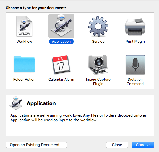 When you launch the Automator app, you'll have the option to create various document types, including workflows, applications and services.