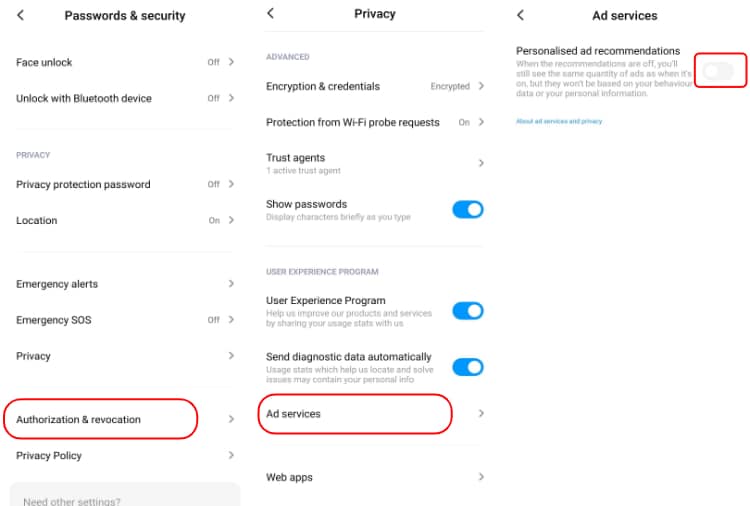 Disable personalized ad services Xiaomi