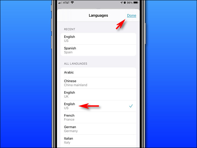 In Apple Translate on iPhone, select a language from the list, then tap "Done."