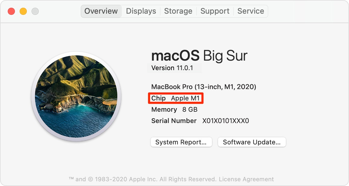 identificar Macs de silicio de Apple - Acerca de esta ventana de Mac que muestra un modelo MacBook Pro de 13 pulgadas alimentado por el chip Apple M1 