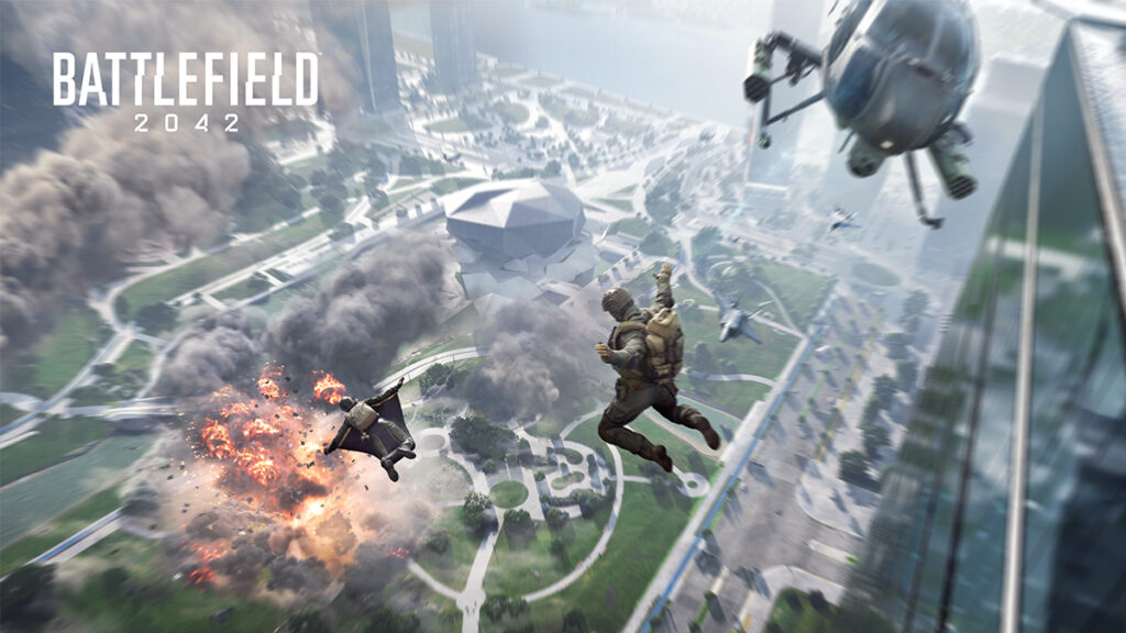 Jugadores saltando de un helicóptero en Battlefield 2042