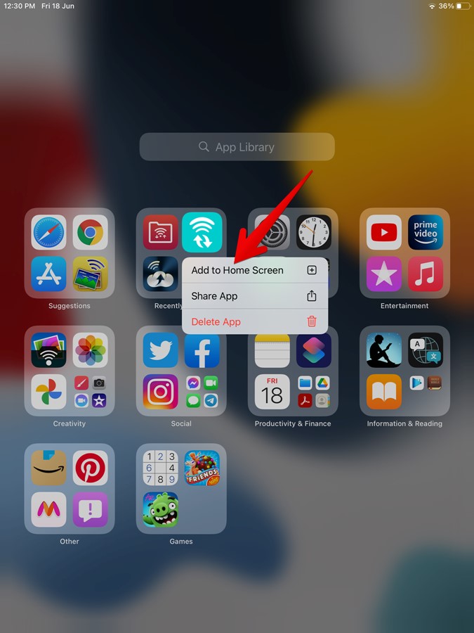 iPad Agregar aplicaciones a la pantalla de inicio desde la biblioteca de aplicaciones
