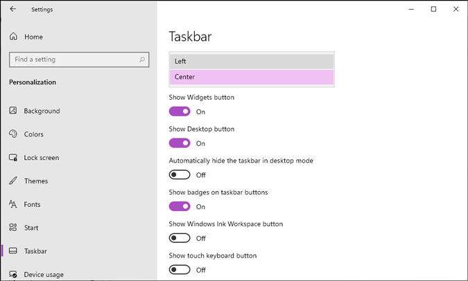 alinear los iconos de la barra de tareas de windows 11