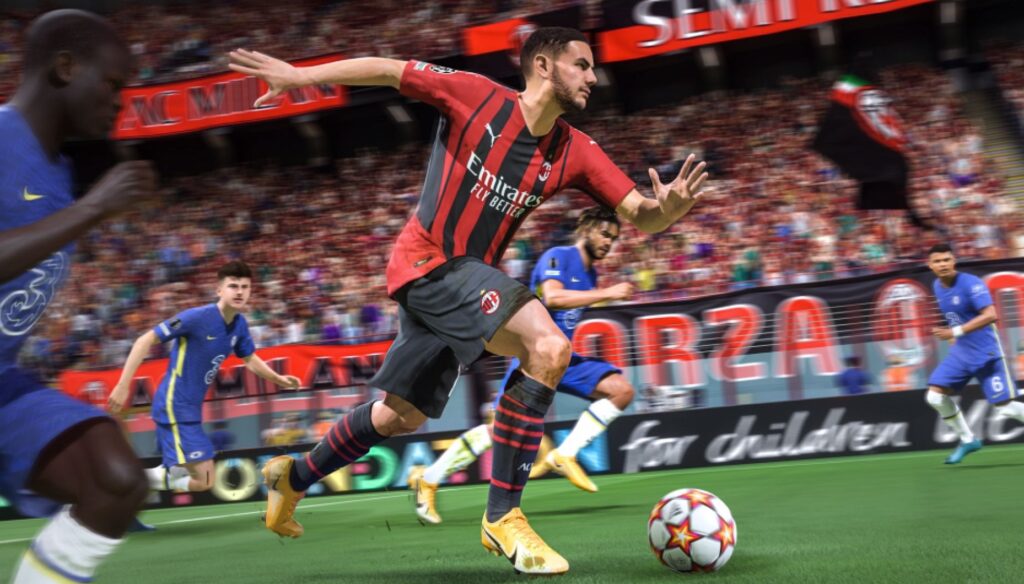 Jugador del AC Milan regateando el balón en FIFA 22